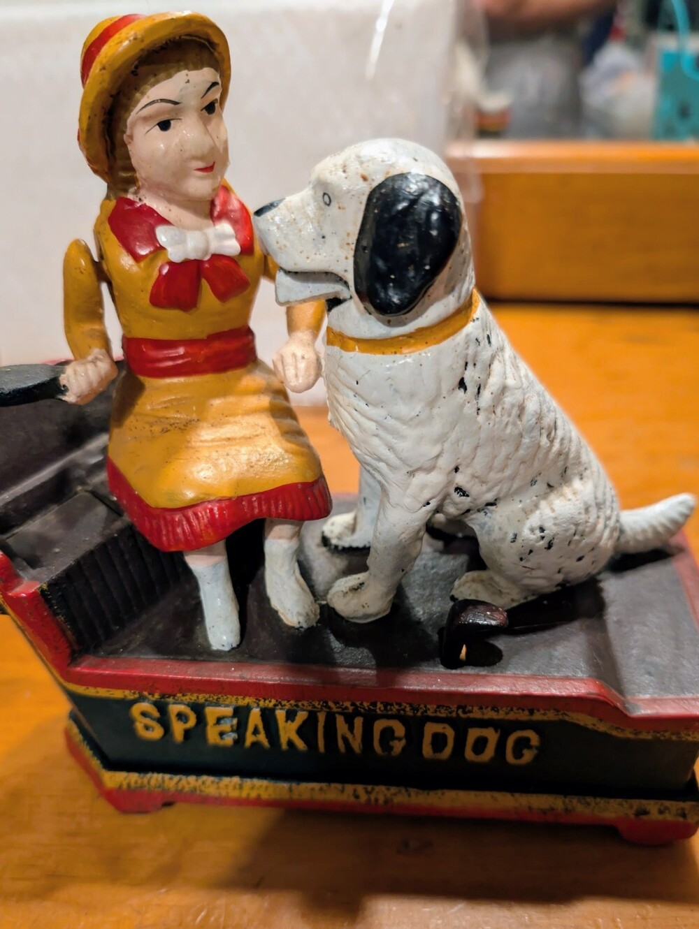 Vintage-Speaking Dog Cast Iron Coin Bank - White/Black Works